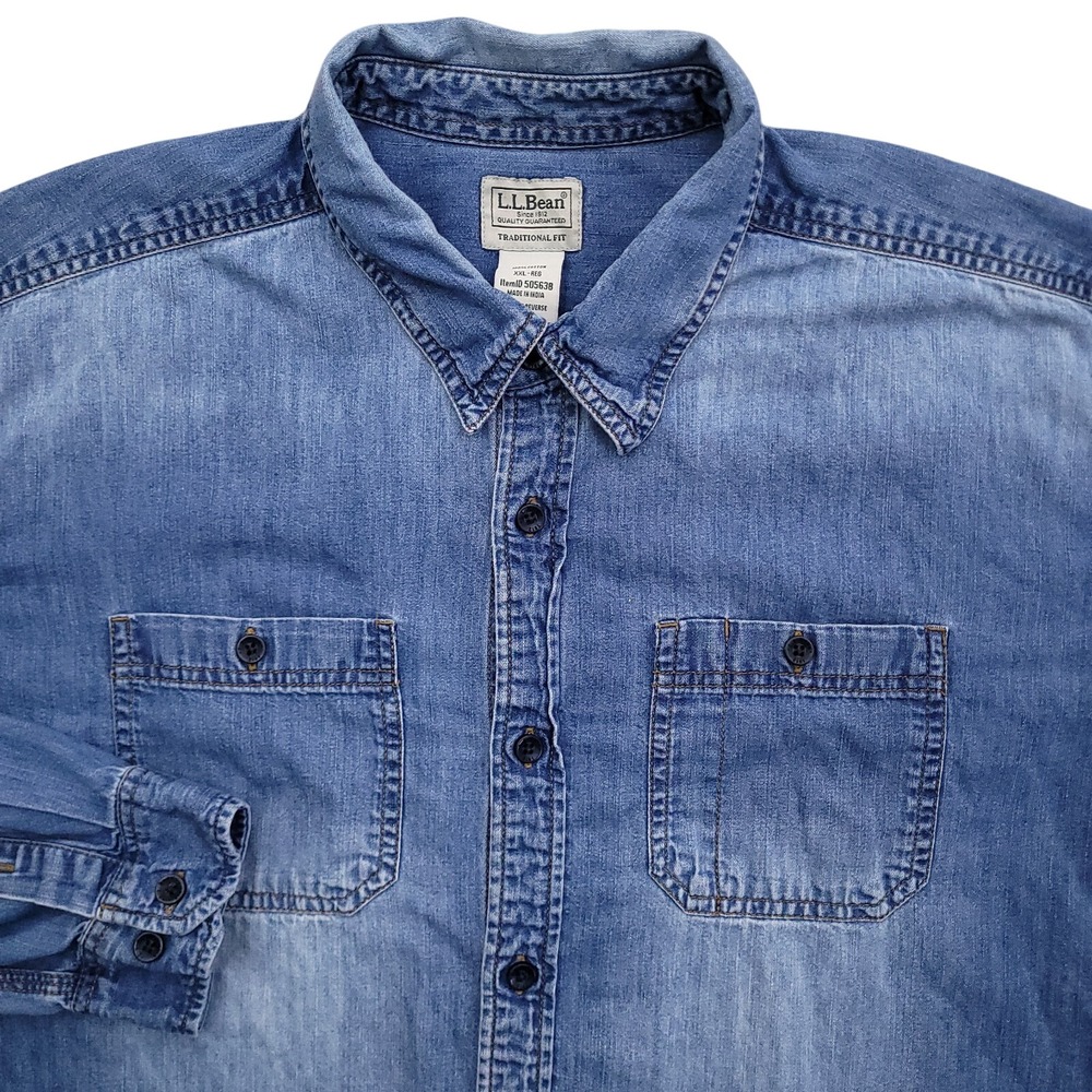 LL Bean Shirt Men 2XL Blue Denim Faded Work Outdoor Utility Button Up 505638